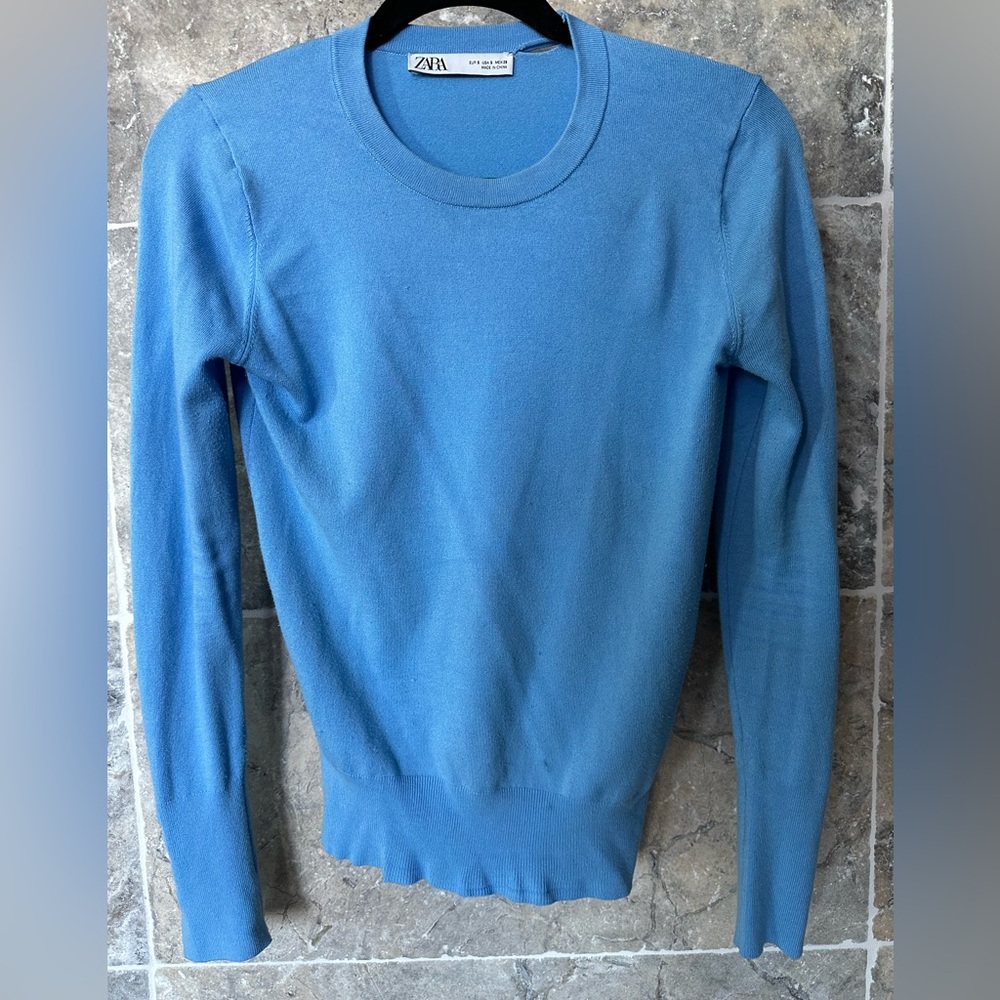 ZARA Ladies Women's Size Small Blue Cashmere Long Sleeve Crew Neck Sweat…